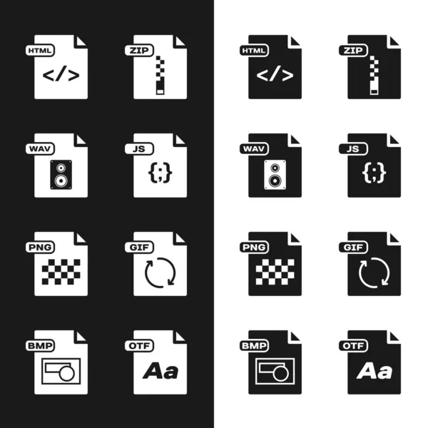Set JS file document, WAV, HTML, ZIP, PNG, GIF, OTF and BMP icon. Vector — Stockvector