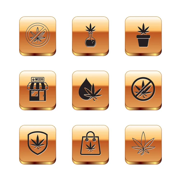 Set Detener la marihuana, Escudo y, Bolsa de compras de, Marihuana o aceite de hoja de cannabis, tienda, maceta, y tubo de ensayo con icono. Vector — Archivo Imágenes Vectoriales