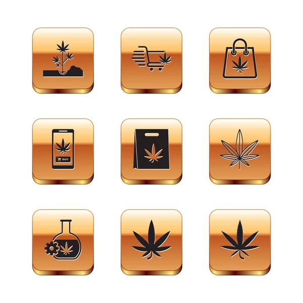 Set Planting marijuana, Test tube with, Marijuana or cannabis leaf, Shopping bag of, Online buying, and cart icon. Vector — 图库矢量图片