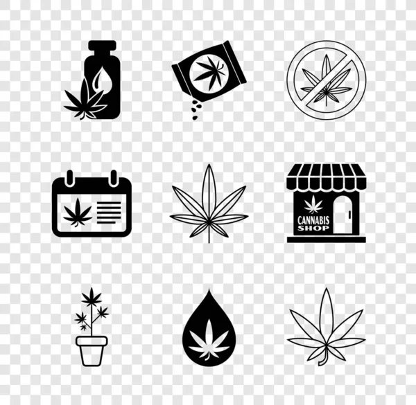 Set Marijuana or cannabis leaf oil, seeds, Stop marijuana, plant in pot, Calendar and and icon. Vector — Stok Vektör