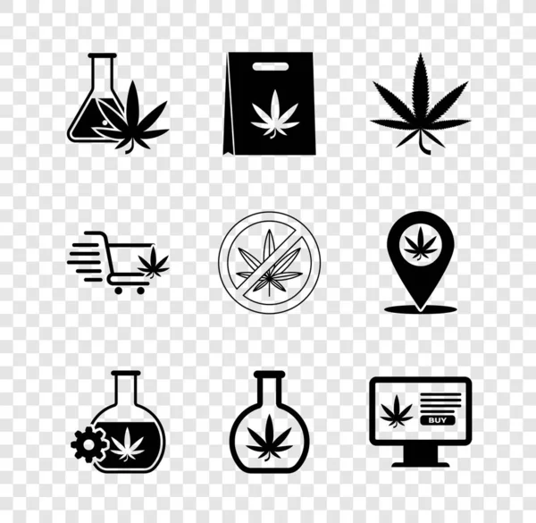 Set Test tube with marijuana, Shopping bag of, Marijuana or cannabis leaf, Online buying, cart and Stop icon. Vector — Stok Vektör