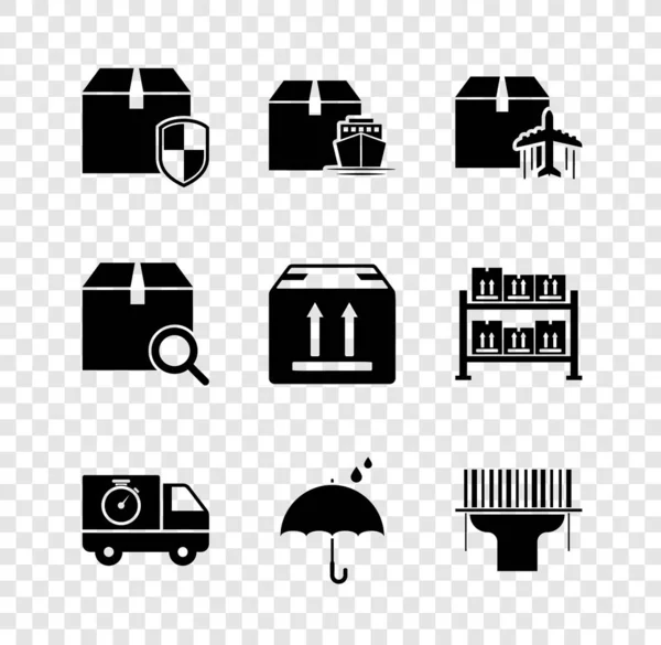 Set Delivery box security shield, Cargo ship with boxes, Plane and cardboard, truck stopwatch, Umbrella rain drops, Scanner scanning bar code, Search package and Cardboard traffic icon. Vector — Stock Vector