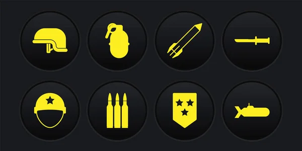 Set Military helmet, knife, Bullet, Chevron, Rocket, Hand grenade, Submarine and icon. Vector — Stockový vektor
