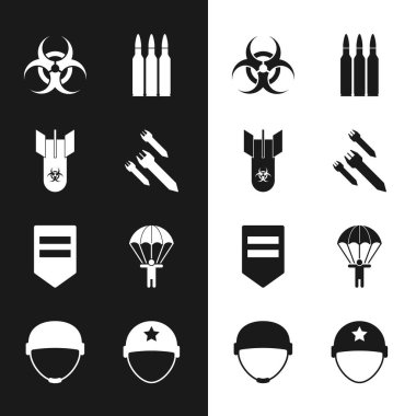 Set Rocket, Biohazard bomb, symbol, Bullet, Chevron, Parachute, Military helmet and icon. Vector