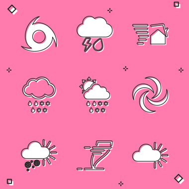 Set Tornado, Cloud with rain and lightning, swirl, snow, snow, rain, sun, Cloudy and icon. Vector