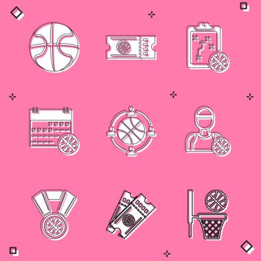 Set Basketball ball, game ticket, Planning strategy, on sport calendar, player, medal and icon. Vector