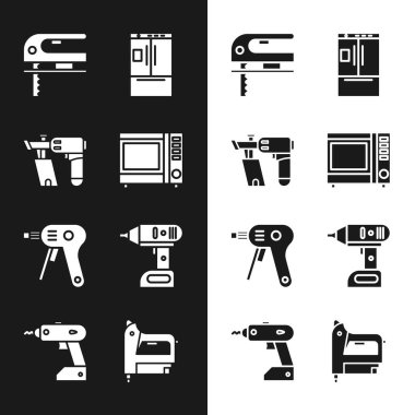 Set Microwave oven, Nail gun, Electric jigsaw, Refrigerator, hot glue and cordless screwdriver icon. Vector