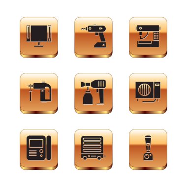 Set Smart Tv, House intercom system, Electric heater, Paint spray gun, Rotary hammer drill machine and Sewing icon. Vector