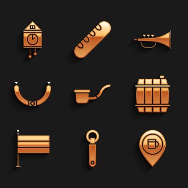 Set Smoking pipe, Bottle opener, Alcohol or beer bar location, Wooden barrel, National Germany flag, Sausage, Musical instrument trumpet and Retro wall watch icon. Vector