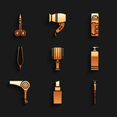 Set Hairbrush, Lipstick, Syringe, Cream cosmetic tube, dryer, Eyebrow tweezers, Shaving gel foam and Scissors icon. Vector