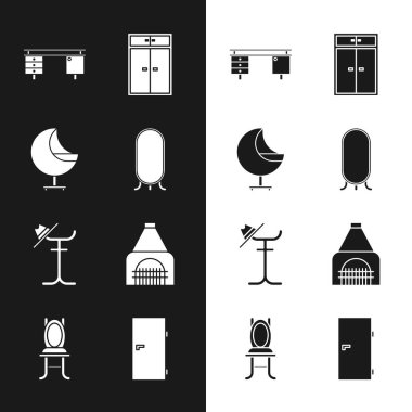 Set Big full length mirror, Armchair, Office desk, Wardrobe, Coat stand, Interior fireplace, Closed door and Chair icon. Vector