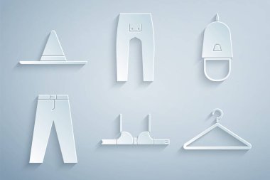 Set Bra, Police cap with cockade, Pants, Hanger wardrobe, and Gardener worker hat icon. Vector