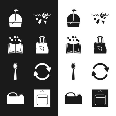 Set Shopping bag with recycle, Open book, Bottle of liquid soap, Problem pollution planet, Disposable plastic spoon, Refresh, Battery pack and Canister for machine oil icon. Vector