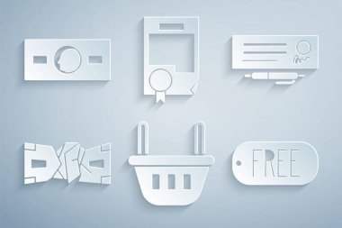 Set Shopping basket, Bank check and pen, Crumpled paper money cash, Price tag with text Free, Certificate template and Paper icon. Vector