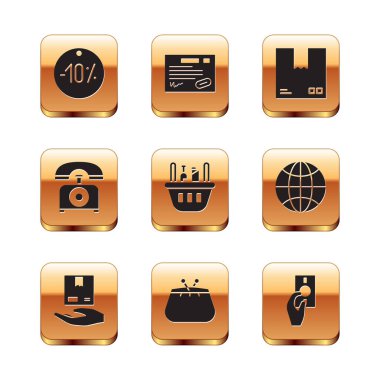 Set Ten discount percent tag, Delivery hand with boxes, Wallet, Shopping basket food, Telephone, Cardboard traffic symbol, Hand holding money and Warranty certificate template icon. Vector