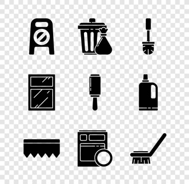 Set Wet floor and cleaning in progress, Trash can garbage bag, Toilet brush, Sponge with bubbles, Kitchen dishwasher machine, Brush for, Cleaning service windows and Adhesive roller icon. Vector