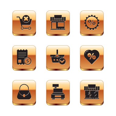 Set Remove shopping cart, Handbag, Cash register machine, Shopping basket with check mark, Paper financial, Discount percent tag, building or market store and icon. Vector