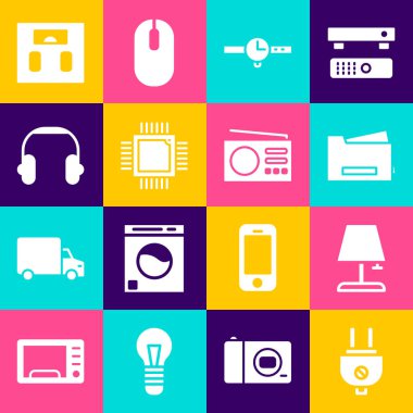 Set Electric plug, Table lamp, Printer, Wrist watch, Processor with microcircuits CPU, Headphones, Bathroom scales and Radio icon. Vector