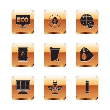 Set Label for eco healthy food, Solar energy panel, Electric saving plug in leaf, Trash can, Bio fuel barrel, Earth globe and, Fluorescent lamp and Recycle icon. Vector