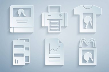 Set Document with graph chart, T-shirt, Pantone, Paper shopping bag, Printer and Photo album gallery icon. Vector