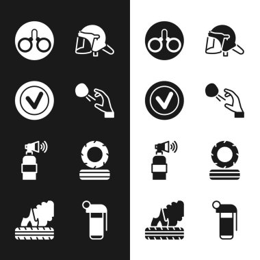 Set Hooligan shooting stones, Check mark round, Handcuffs, Police helmet, Air horn, Lying burning tires, grenade and icon. Vector