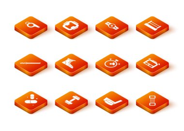 Set Vitamin pill, Dumbbell, Japanese katana, Sport boxing shoes, Ice hockey stick and puck, Stopwatch, Chest expander and icon. Vector