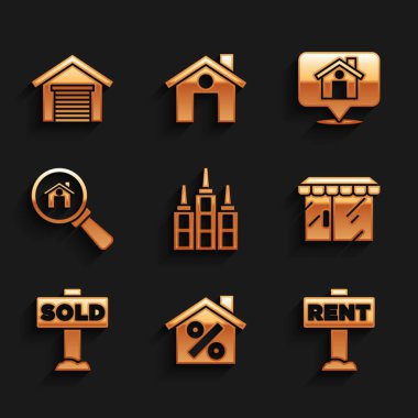Set Skyscraper, House with percant discount, Hanging sign Rent, Market store, text Sold, Search house, Location and Garage icon. Vector