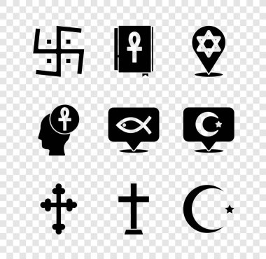 Set Hindu swastika, Cross ankh book, Star of David, Christian cross, and crescent, and fish icon. Vector