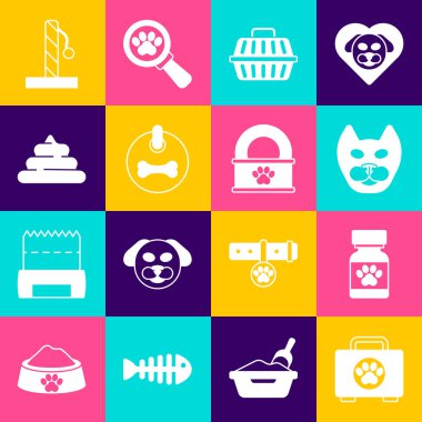 Set Pet first aid kit, Medicine bottle and pills, Cat, carry case, Dog collar, Shit, scratching post and Canned food icon. Vector