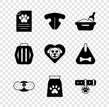 Set Clinical record pet, Cat nose, litter tray with shovel, Bag of food for, Collar name tag, Pet carry case and Heart dog icon. Vector