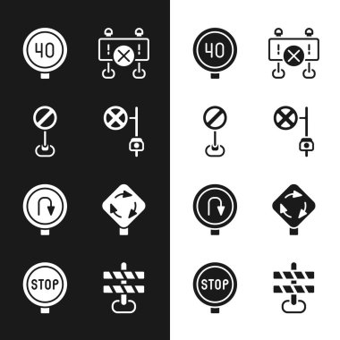 Set Stop sign with camera, Speed limit traffic, Road barrier, Turn back road, Roundabout, and icon. Vector