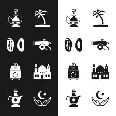 Set Ramadan cannon, Date fruit, Hookah, Tropical palm tree, Donate or pay your zakat, Muslim Mosque, Star and crescent and Islamic teapot icon. Vector