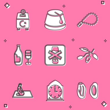 Set Donate or pay your zakat, Turkish hat, Rosary beads religion, Wine bottle with glass, No alcohol, Date fruit, Muslim man prays and Clock icon. Vector