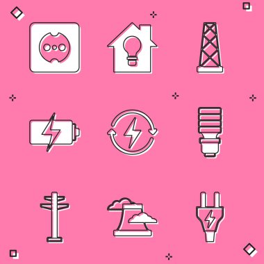 Set Electrical outlet, Smart house and light bulb, Antenna, Battery, Recharging, LED, tower and Nuclear power plant icon. Vector