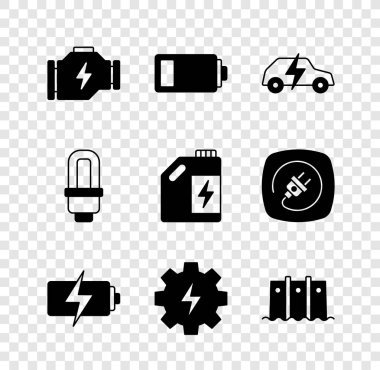 Set Check engine, Battery, Electric car, Gear and lightning, Hydroelectric dam, LED bulb and Eco fuel canister icon. Vector