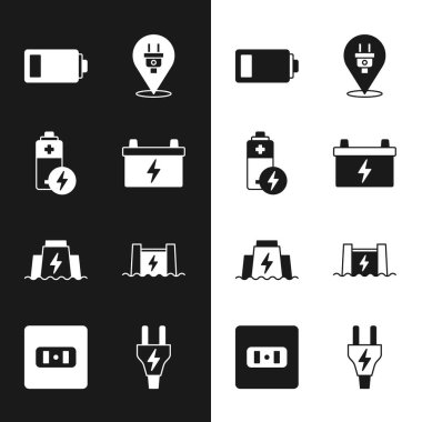Set Car battery, Battery, Electric plug, Hydroelectric dam, and Electrical outlet icon. Vector