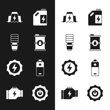 Set Bio fuel barrel, LED light bulb, Hydroelectric dam, Eco canister, Lightning bolt, Battery, Power button and Check engine icon. Vector