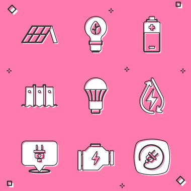 Set Solar energy panel, Light bulb with leaf, Battery, Hydroelectric dam, LED light, Water, Electric plug and Check engine icon. Vector