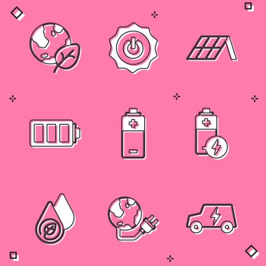 Set Earth globe and leaf, Power button, Solar energy panel, Battery, Water and Global power planet icon. Vector