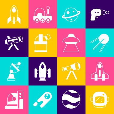 Set Astronaut helmet, Rocket ship, Satellite, Planet Saturn, Astronomical observatory, Telescope, and UFO flying spaceship icon. Vector