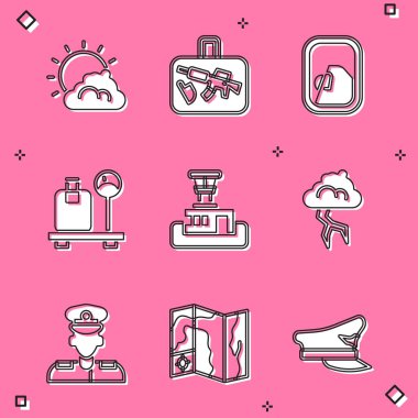 Set Sun and cloud weather, Suitcase, Airplane window, Scale with suitcase, Airport control tower, Storm, Pilot and World travel map icon. Vector