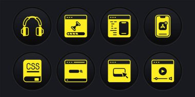 Set Books about programming, Mobile Apps, Search engine, Browser files, Software, Loading data window, Online play video and Headphones icon. Vector