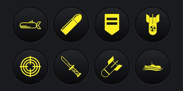 Set Target sport, Nuclear bomb, Military knife, Aviation, Chevron, Bullet, Submarine and icon. Vector — Image vectorielle