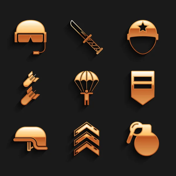 Set Parachute, Military rank, Hand grenade, Chevron, helmet, Aviation bomb, and icon. Vector — Stockvektor