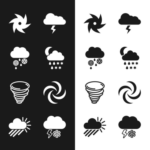 Set Cloud with snow, rain, moon, and, Tornado, Storm, lightning and Cloudy sun icon. Vector