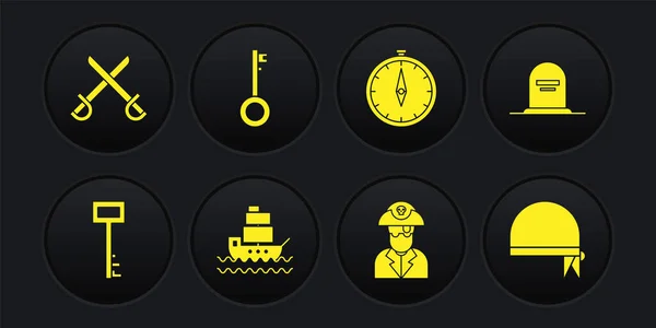 Set Pirate key, Tombstone with RIP written, Ship, captain, Compass, bandana for head and Crossed pirate swords icon. Vector — Stockvektor