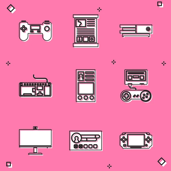 Set Gamepad, guide, Video game console, Computer keyboard, Create account screen, with joystick, monitor and icon. Vector — Stock Vector