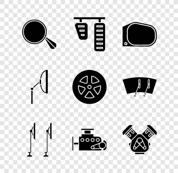 Set Car mirror, gas and brake pedals, Windscreen wiper, engine, and wheel icon. Vector — Stok Vektör