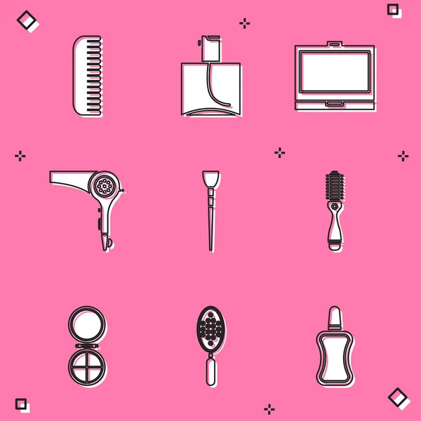 Set Hairbrush, Perfume, Makeup powder with mirror, dryer, and icon. Vector — Stock vektor