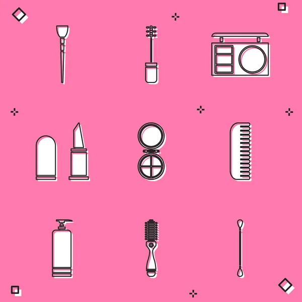 Set Makeup brush, Mascara, Eye shadow palette, Lipstick, powder with mirror, Hairbrush, Cream cosmetic tube and icon. Vector — Image vectorielle